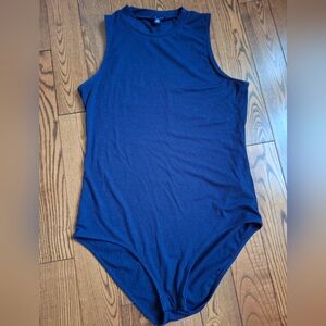 Sleeveless Navy Blue Ribbed Bodysuit